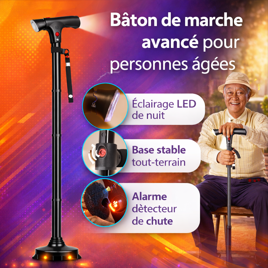 produit 🦯 Bâton de Marche Multifonction avec LED & Alerte de Chute – Sécurité et Stabilité au Quotidien