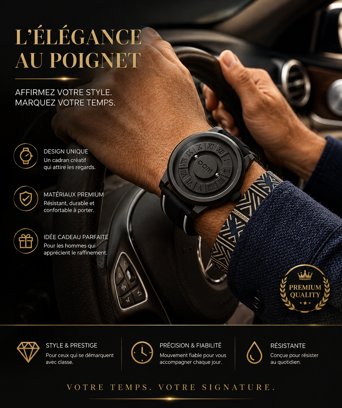 👑 ⌚ DOM – Montre Homme Élégante & Premium, Design Noir Mat