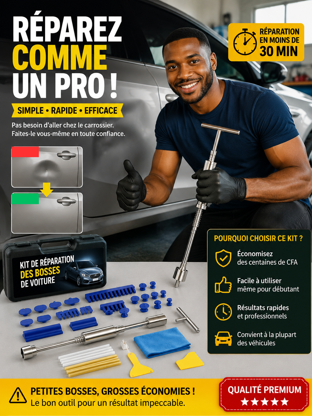 🚗🔧 Kit de Réparation des Bosses de Voiture – Débosselage Facile & Sans Peinture